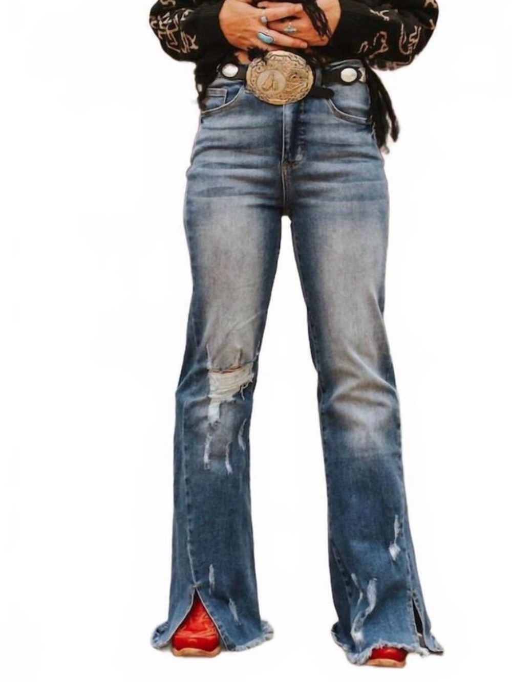 Lucky & Blessed Distressed Boot Cut Jeans in Washed Blue